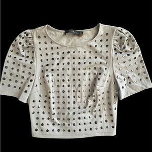 Stella & Jamie Studded Gray Puff Sleeve Crop Top Size Small